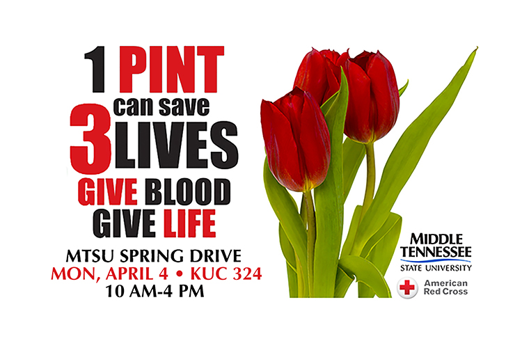 MTSU’s spring 2022 blood drive is set from 10 a.m. to 4 p.m. Monday, April 4, in Room 324 of the Keathley University Center, 1524 Military Memorial Drive. This blood drive, sponsored by the MTSU Red Cross Club student organization for the American Red Cross Heart of Tennessee Chapter, is open to MTSU students, faculty, staff, alumni, friends and neighbors across Middle Tennessee. Each donor will receive a T-shirt as thanks for their lifesaving help.