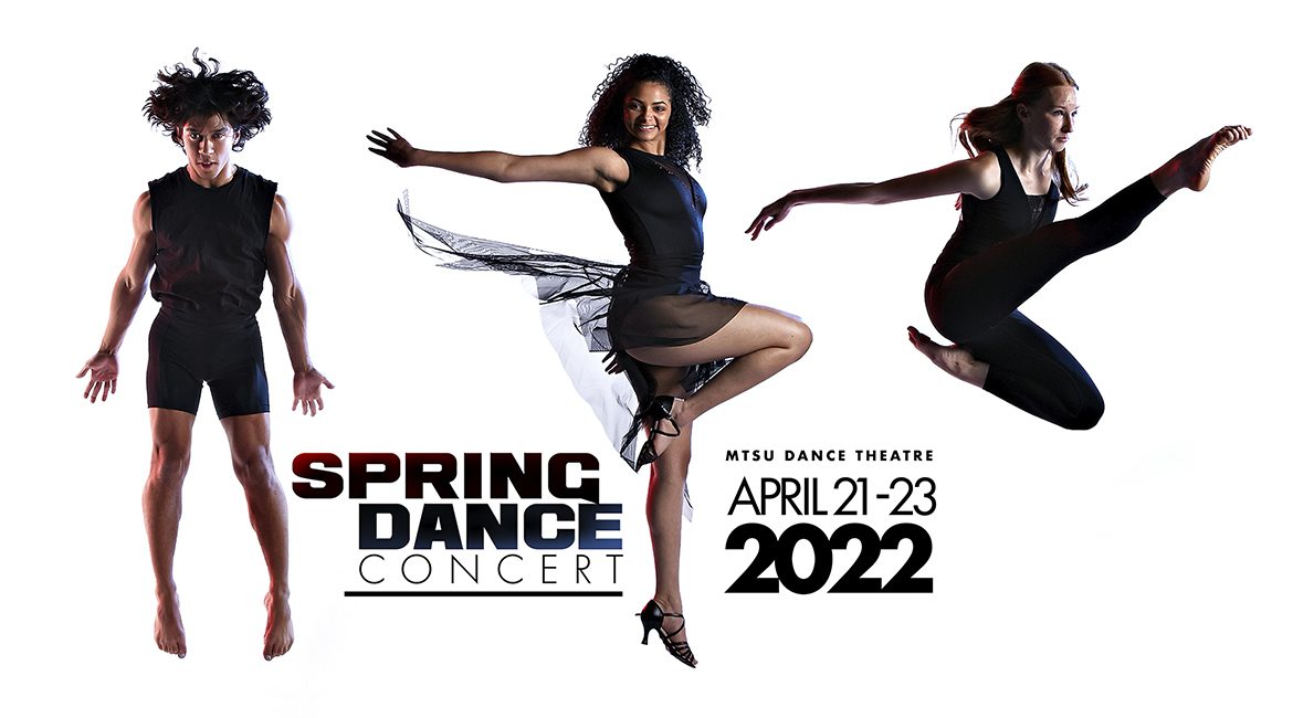 MTSU dance majors Carlos “Gordy” Valcarcel of Madison, Tenn., left; Jasmine Dillon of McMinnville, Tenn., center; and Catherine Bright of Philadelphia, Tenn., showcase the best training of the MTSU Dance Theatre in preparation for the 2022 Spring Concert Thursday-Saturday, April 20-23, at 7:30 each night in Tucker Theatre on campus. Tickets are available at https://mtsu.edu/theatreanddance. (file photos by Martin O’Connor)