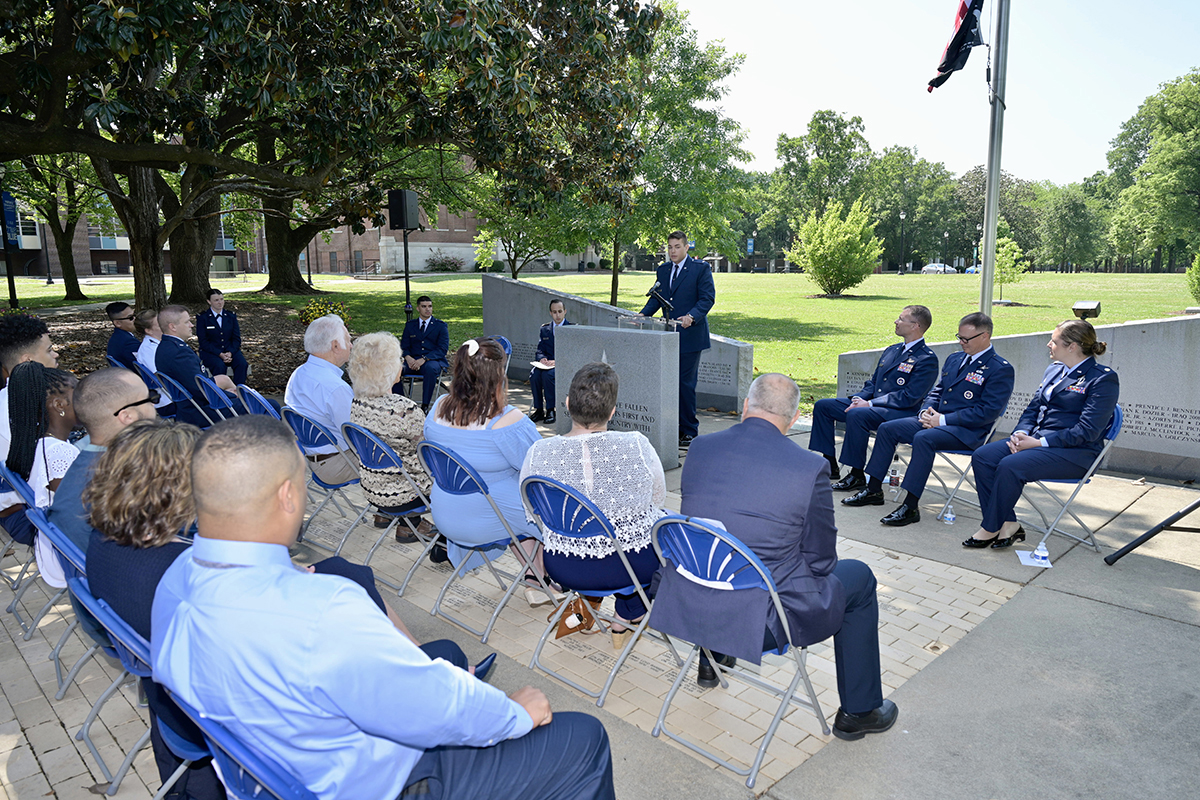 Recent MTSU graduates Corwin Cordell and Jalen Ervin, both of Chattanooga, Tenn., were commissioned as U.S. Air Force second lieutenants during the spring AFROTC Detachment 790 (Tennessee State University) ceremony held at the MTSU Veterans Memorial outside the Tom H. Jackson Building. The Charlie and Hazel Daniels Veterans and Military Family Center sponsored the event. (MTSU photo by Andy Heidt)