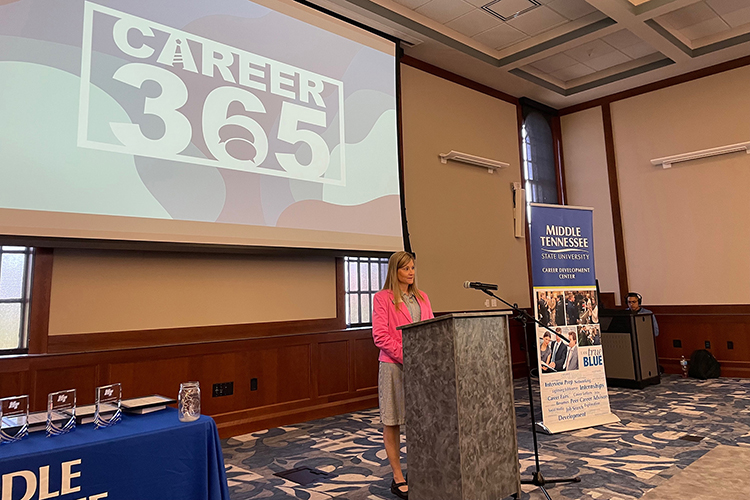 Beka Crocket, director of the MTSU Career Development Center, discusses the new Career 365 initiative during the center’s annual recognition luncheon held April 27 at the MT Center in the Ingram Building. The new initiative empowers both career influencers and students to engage in career conversations even outside of a professional office. (Submitted photo)