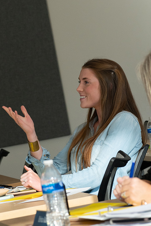 MTSU alumna Daisy Montgomery, the 2021 first place winner of the MTSU Business Plan Competition, makes a point while serving as a judge for the 2022 competition finals held April 27 in the Academic Classroom Building. (MTSU photo by Darby Campbell-Firkus)
