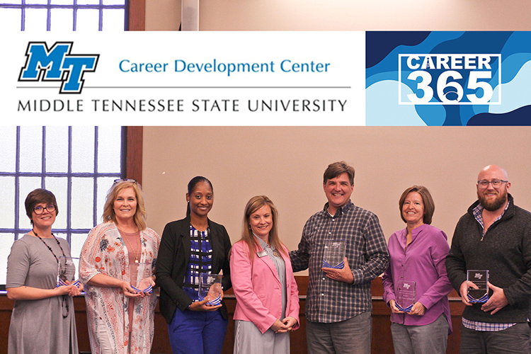MTSU’s Career Development Center recognized six faculty members and one employer partner during its inaugural Career Influencer Awards luncheon held April 27 at the MT Center in the Ingram Building. Pictured, from left, are 2021-2022 winners are Leah Soule, English lecturer; Laura Buckner, master marketing instructor; employer partner Nikki Little of Enterprise Holdings; Beka Crocket, director, MTSU Career Development Center; David Clark, health and human performance instructor; Carla Hatfield, university studies instructor; and Brandon Grubbs, health and human performance assistant professor. Not pictured is awardee Richard Moffett, psychology professor. (Submitted photo)