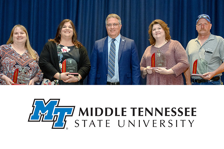 MTSU Provost Mark Byrnes, center, joins four top university employees for a group photo April 27 during a reception marking the university’s annual Employee Recognition Awards in the James Union Building. Honored for their work excellence and commitment to making MTSU and its students successful are, from left, Jamie Wilson of Murfreesboro, classification/compensation analyst for MTSU Human Resource Services and the recipient of the Administration Employee of the Year award for 2021-22; Beth Dye of Murfreesboro, project coordinator for MTSU’s Division of Marketing and Communications and True Blue TV Production Services and recipient of the Administrative/Professional Employee of the Year award for 2021-22; Byrnes, LeAnn McBride of La Vergne, Tennessee, executive aide for the School of Journalism and Strategic Media and the 2021-22 Classified Employee of the Year; and Rodney Clinton of Christiana, Tennessee, supervisor of vehicle operations in the university's Facilities Services Department and recipient of the 2021-22 Technical Employee of the Year award. MTSU employs more than 2,500 faculty and staff members campuswide. Its Employee Recognition Program celebrates non-teaching employees for their efforts in supporting students and faculty and making the university a more efficient, effective, better workplace. (MTSU photo by J. Intintoli)