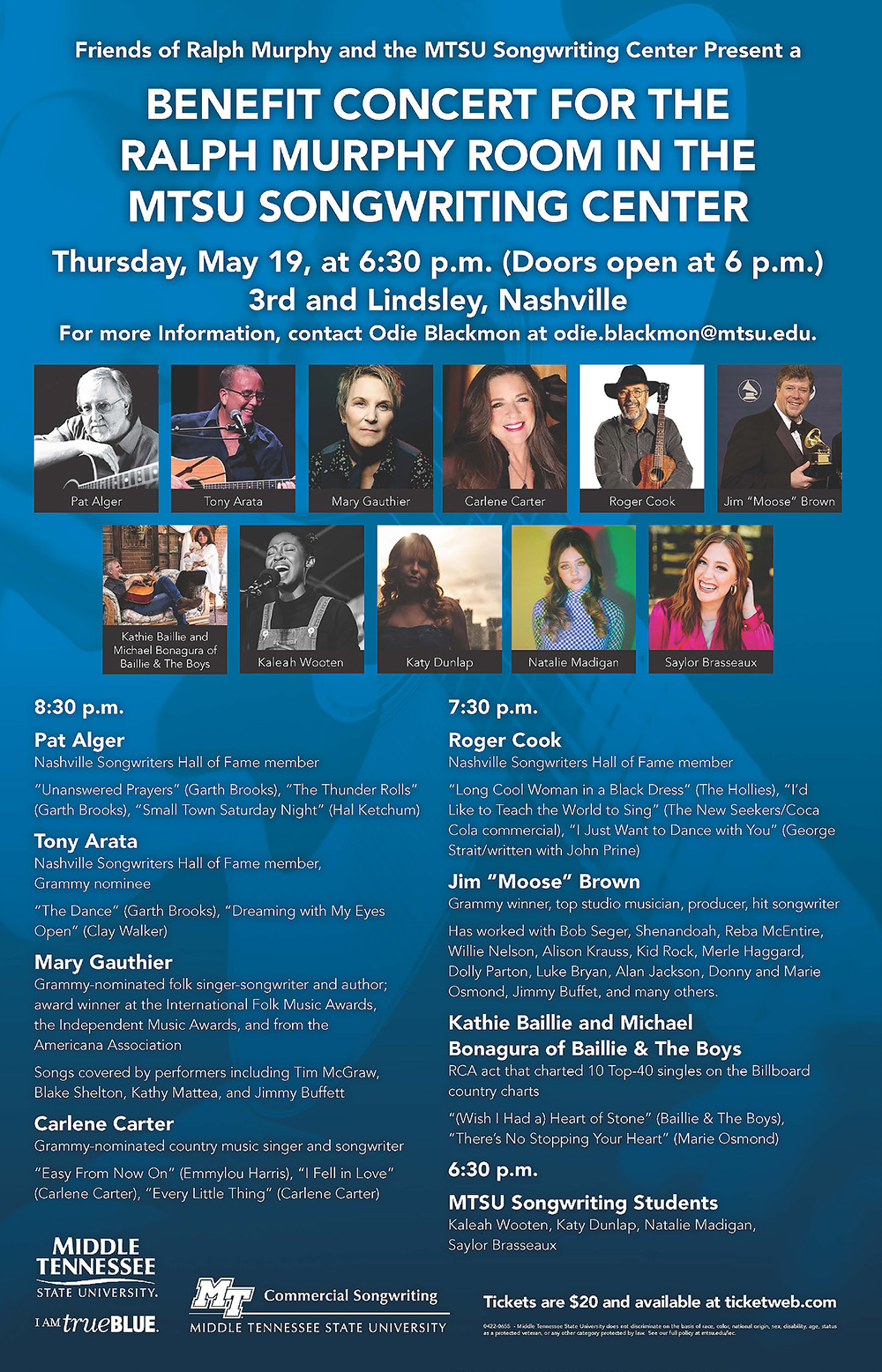 poster for Thursday, May 19, “Friends of Ralph Murphy and MTSU Songwriting Benefit Concert" at 3rd and Lindsley in Nashville