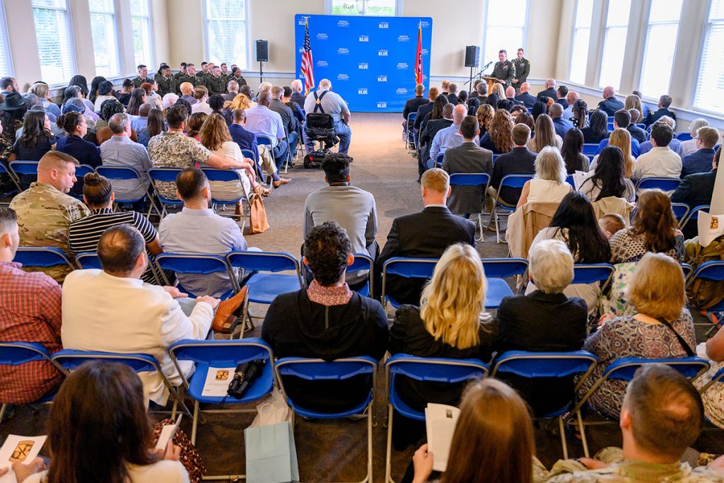 A crowd of more than 150 people attended the MTSU Blue Raider Battalion Spring Commissioning ceremony Friday, May 6, in Cantrell Hall in the Tom H. Jackson Building. Thirteen former military science ROTC cadets were commissioned as second lieutenants into various branches of the U.S. Army, reserves or National Guard. (MTSU photo by J. Intintoli)