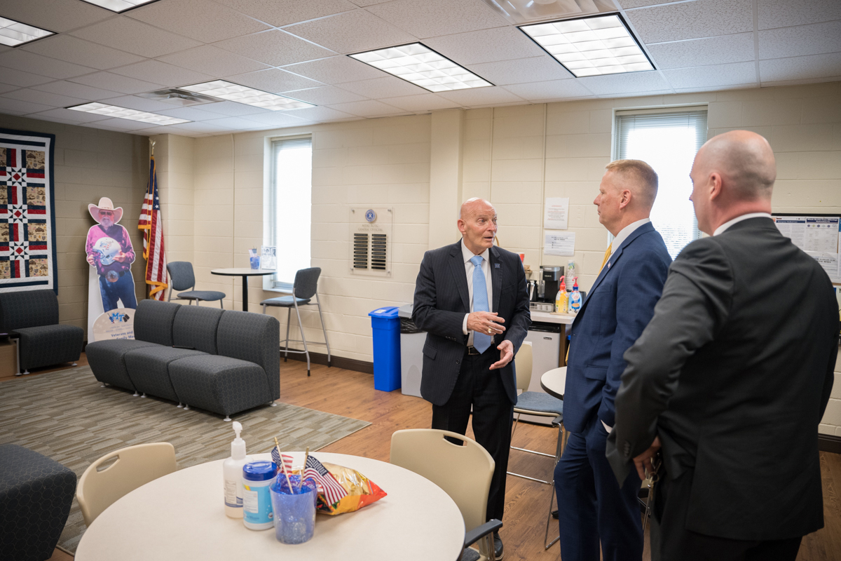 Keith M. Huber, left, MTSU senior adviser for veterans and leadership initiatives, gives Tennessee Valley Healthcare Services leaders Daniel Dücker, second from right, and Michael Renfrow a tour of the 3,200-square-foot center in the Keathley University Center recently. Dücker is the new TVHS executive director; Renforw is deputy executive director. The Daniels Center is home to 1,100 student veterans and family members. (MTSU photo by James Cessna)
