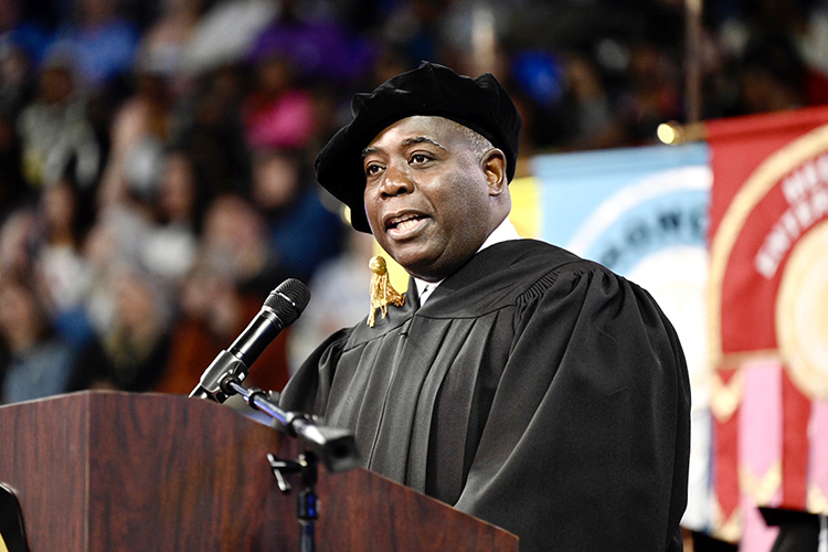 Prime Minister Philip Edward Davis of the Bahamas speaks to graduates at Middle Tennessee State University Saturday, May 7, during the university's spring 2022 morning commencement ceremony in Hale/Earle Arena inside Murphy Center. Davis, the event's guest speaker, also received an honorary doctorate from the university. MTSU awarded 2,474 degrees — 2,041 to undergraduates and 433 to graduate students — during its three-ceremony spring 2022 commencement event. (MTSU photo by J. Intintoli)