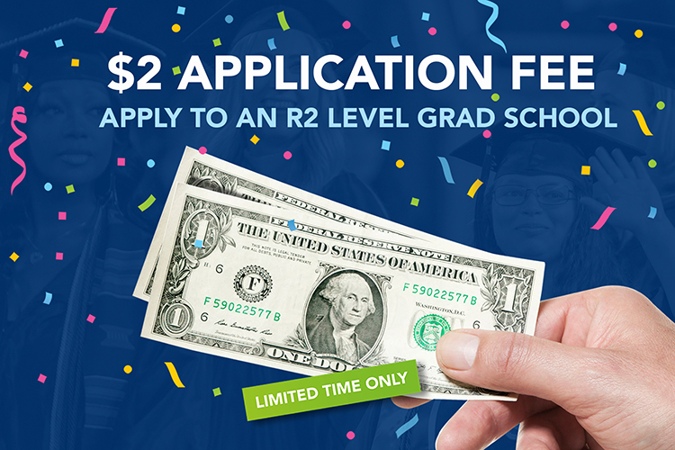 To commemorate Middle Tennessee State University’s recent elevation to “R2 high research activity” status by Carnegie Classification, the College of Graduate Studies is offering a limited time, reduced $2 application fee for domestic students applying for the fall 2022 semester. (MTSU graphic by Keith Dotson)