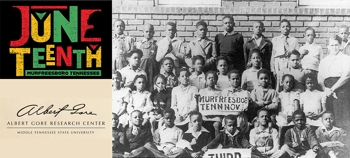 A third grade class at Murfreesboro's Bradley Academy, circa 1941, stand with their teacher outside the building on Academy Street in this photo from the Bradley Academy Museum and Cultural Center collection, shown with the city of Murfreesboro's Juneteenth celebration logo and the logo for the Albert Gore Research Center at MTSU. The Gore Center will provide information on its new Middle Tennessee African American Oral History Project Saturday, June 18m at the Juneteenth event at the Bradley Academy Museum. . (photo courtesy of James Harding, the Center for Historic Preservation at MTSU and the Albert Gore Research Center from the Bradley Academy Museum and Cultural Center Digitization Project)