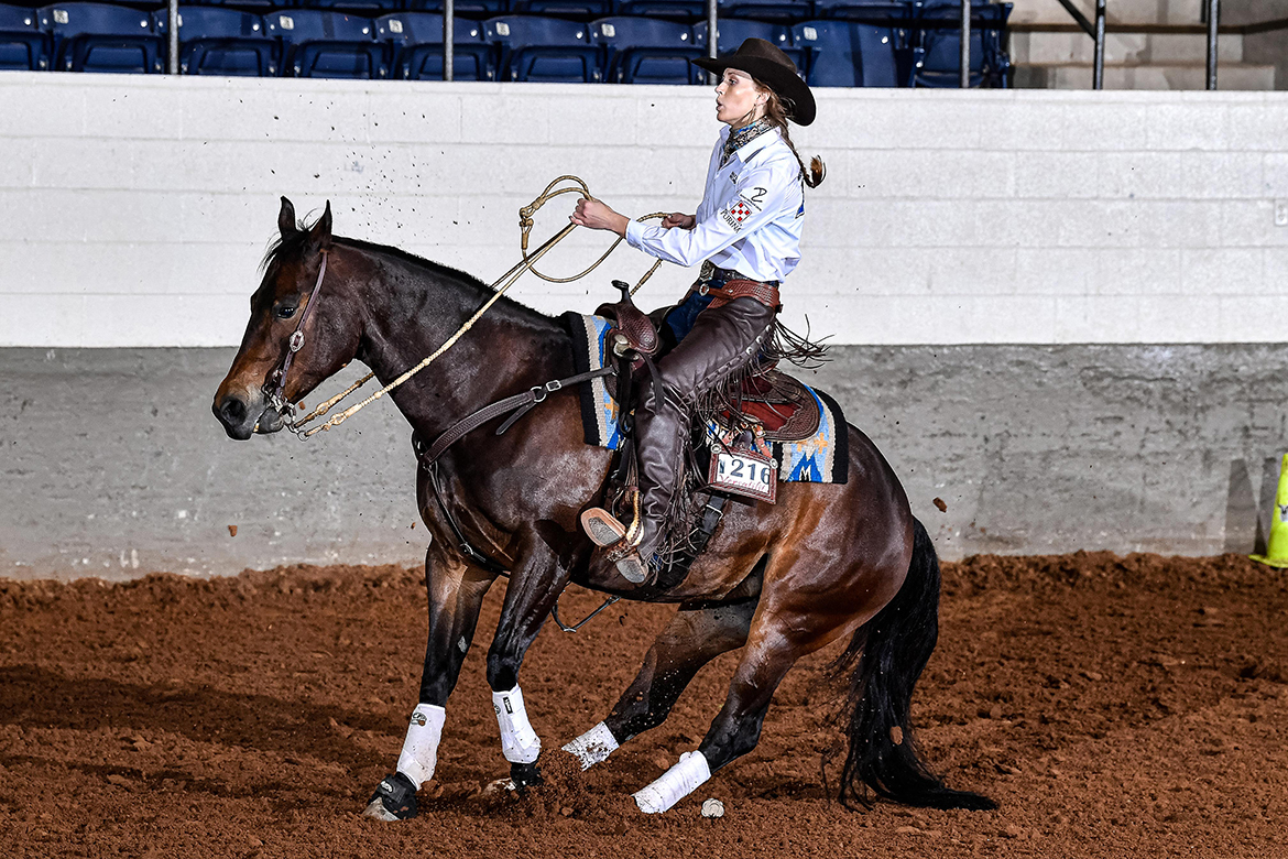 Recent MTSU graduate and horse science major Taylor Meek of Murfreesboro placed eighth overall in the Non-Pro All-Around Division at the Hughes Ranch Traders National Intercollegiate Ranch and Stock Horse National Championship late in the spring semester in Amarillo, Texas. (Photo by High Cotton Promotions)