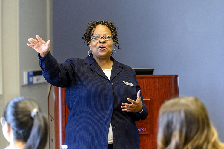 In this spring 2019 file photo, associate management professor Millicent Nelson speaks at the Business and Economic Research Center's brown bag research presentation series. (MTSU file photo by J. Intintoli)