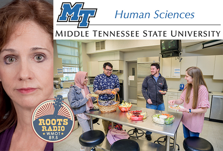 Janet Colson, left, a professor of nutrition and food science, will discuss the university’s role in promoting nutrition education at the high school level on the next “MTSU On the Record” radio program. Host Gina Logue’s interview with with her will air Tuesday, June 14, and re-air Sunday, June 19 on WMOT-FM Roots Radio 89.5 and www.wmot.org. (MTSU photo of Colson and nutrition students in class; WMOT and Department of Human Sciences logos also shown)