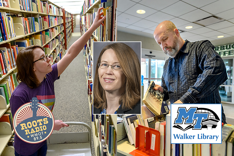 User Service Assistant Molly Burnette, left, and Circulation Assistant Paul Burt, right, gather and sort books inside MTSU's James E. Walker Library for the facility's “Pull and Hold” service, implemented shortly after the pandemic shut down in-person classes and services in mid-March 2020, in these file photos. Dr. Karen Reed, an education librarian at MTSU, will discuss how college librarians' workloads changed as students and faculties moved to online learning when she guests on the “MTSU On the Record” radio program airing at 9:30 p.m. Tuesday, June 28, and again at 6 a.m. Sunday, July 3, on WMOT-FM Roots Radio 89.5 and www.wmot.org. (MTSU file photos by J. Intintoli)