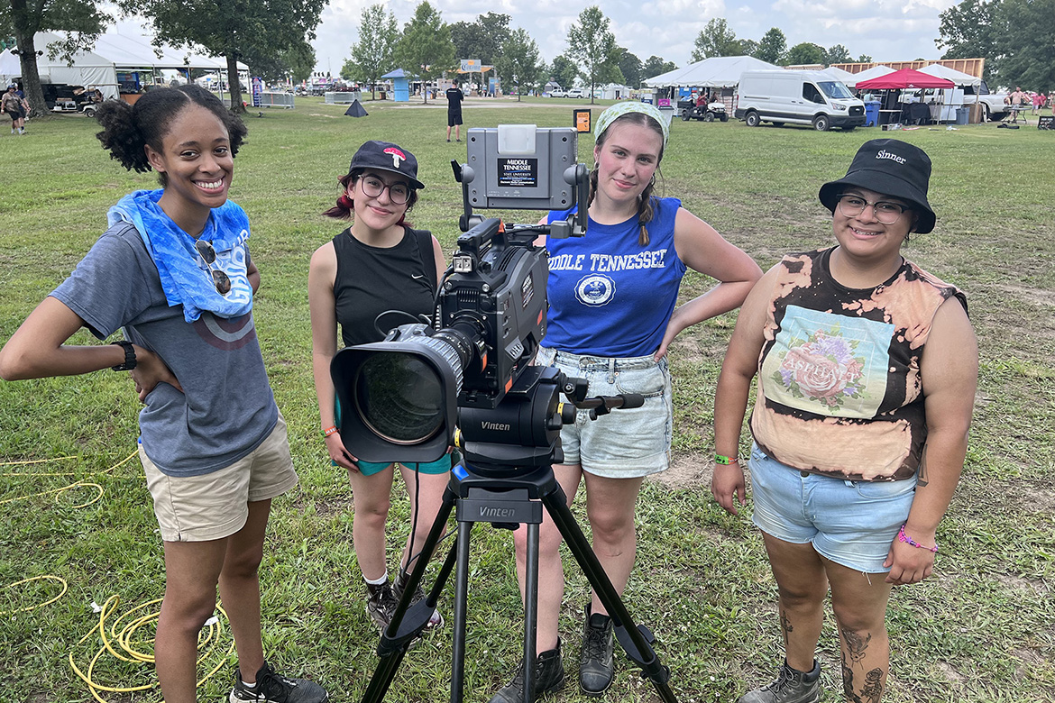MTSU students prepare Wednesday, June 15, to film upcoming performances at the 2022 Bonnaroo Music and Arts Festival June 16-19 in Manchester, Tenn., as part of the university’s ongoing partnership with the event to provide College of Media and Entertainment students with real-world experience. (MTSU photo by Andrew Oppmann)