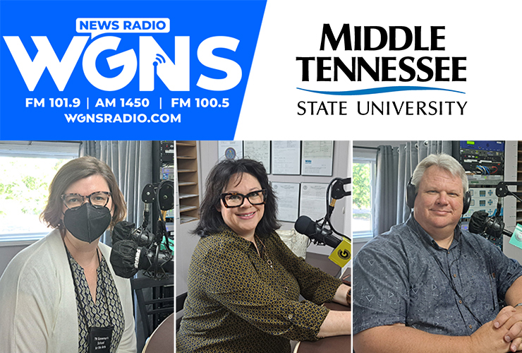 MTSU faculty and staff appeared on WGNS Radio’s June 20 “Action Line” program with host Scott Walker. Guests included, from left in order of appearance, Kate Goodwin, new director of the Tennessee Governor’s School for the Arts and assistant professor of theatre; Amelia Bozeman, director of the Murfreesboro/MTSU Service Center for the Tennessee Small Business Development Center and an MTSU alumna; and Dr. Ken Blake, journalism professor. (MTSU photo illustration by Jimmy Hart)
