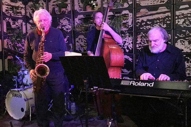 Don Aliquo Sr., left, performs on saxophone accompanied by Mark Perna on bass and Kevin Moore on keyboard in this photo from February 2020. Aliquo Sr. is the father of MTSU saxophone and jazz studies professor Don Aliquo.