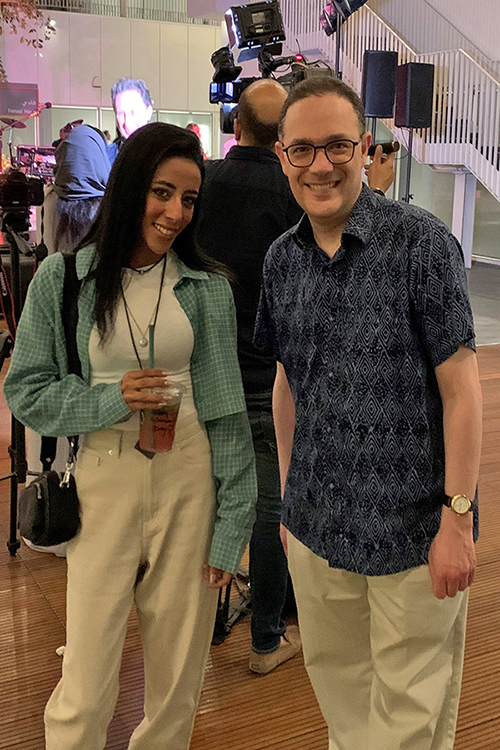 Raghad, left, a Saudi disc jockey, and Sean Foley, an MTSU history professor, pause for a photo in the Hayy Jameel Cultural Center in Jeddah, Saudi Arabia. Foley and Department of Recording Industry chair staged a concert in the center's courtyard in March 2022.
