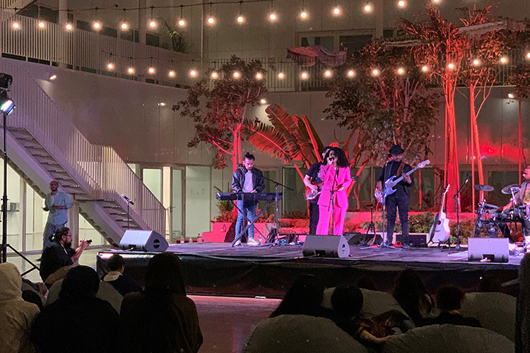 Singer-songwriter Ghada Sheri, center, vocalizes at a concert of contemporary Saudi music in March 2022 at the Hayy Jameel Cultural Center in Jeddah, Saudi Arabia. The concert was put together by MTSU Department of Recording Industry chair John Merchant and history professor Sean Foley.