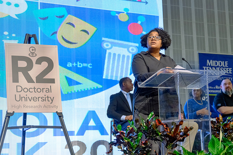 Dr. Leah Tolbert Lyons, dean of Middle Tennessee State University's College of Liberal Arts, makes a point during the March 2022announcement of MTSU's historic elevation to R2 “High Research Activity” Carnegie classification status in this file photo. The Student Union ceremony announcement capped MTSU's 2022 Scholars Week celebration of student research project presentations, keynote talks, student-created performances and more.    (MTSU file photo by J. Intintoli)