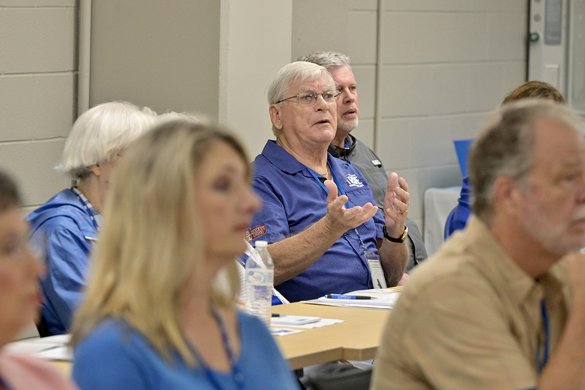 In a fermentation science session about yogurt, MTSU alumnus Don Witherspoon (Class of 1964), center, poses a question to School of Agriculture assistant professor Keely O’Brien, one of the fermentation faculty members. (MTSU photo by Andy Heidt)