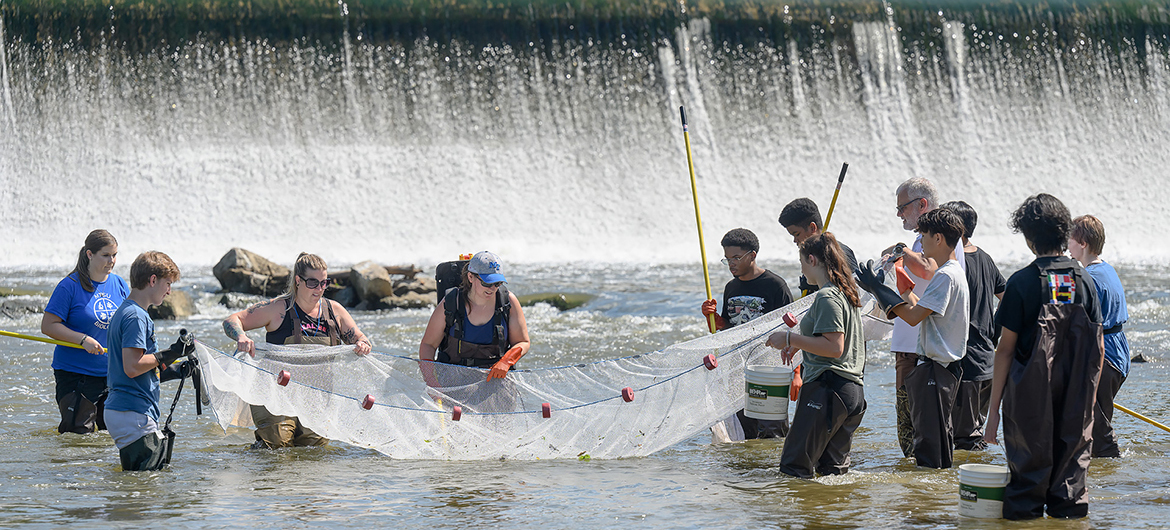 Middle Tennessee State University Summer STEM Camp participants use a net to fish for darters in the Stones River at Walter Hill Dam in Murfreesboro in this July 2022 photo. About 30 rising high school sophomores and juniors attended the College of Basic and Applied Sciences camp featuring biology, chemistry and engineering technology. This year’s camp is open to rising ninth through 12th graders and will be held June 19-23, with registration closing May 15 or when all 90 spots are filled. (MTSU file photo by J. Intintoli)