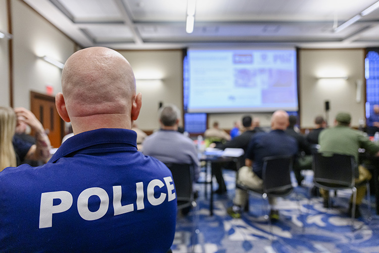In this March 2022 file photo, members of area law enforcement attend an MTSU-hosted forensics seminar at the MT Center inside the Sam Ingram Building on campus. MTSU's University College is offering $500 scholarships to the first 50 enrollees in the new public safety concentration in the integrated studies major launching this fall. (MTSU photo by J. Intintoli)
