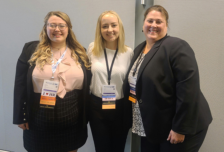 he winning team in the case competition at the Tennessee Student Human Resources Management Conference pose at the August 2021 gathering in Nashville. From left are Kaitlyn Berry, outgoing president of MTSU’s Society for Human Resource Management, Anna White and Holli Salley.