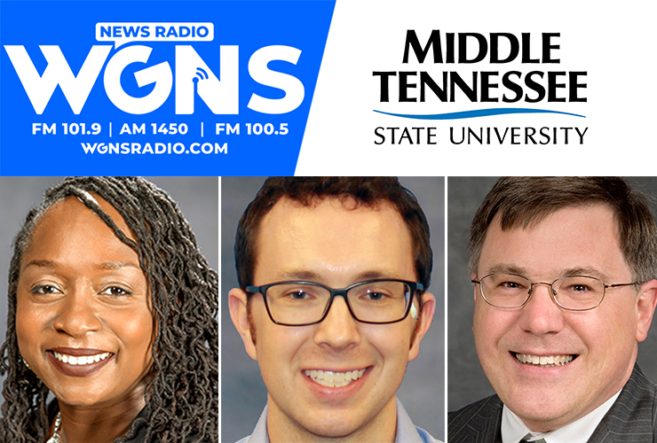 MTSU faculty and staff appeared on WGNS Radio’s June 20 “Action Line” program with host Scott Walker. Guests included, from left in order of appearance, Dr. Michelle Stevens, director of the new Center for Fairness, Justice and Equity; Dr. Eric Detweiler, assistant professor in the Department of English; and Dr. John Vile, dean of the University Honors College, constitutional law scholar and author. (MTSU photo illustration by Jimmy Hart)