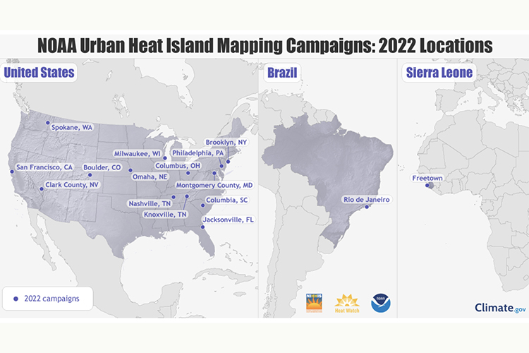 This map shows the 14 U.S. and two international communities that will take to the streets in 2022 as part of a National Oceanic and Atmospheric Administration-supported campaign to map heat islands in their communities. (Photo courtesy of climate.gov)