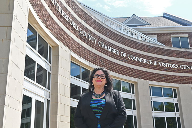 MTSU alumna Amelia Bozeman, shown here outside the Rutherford County Chamber of Commerce in Murfreesboro, Tenn., has settled into her new role as director of the Tennessee Small Business Development Center’s Murfreesboro Service Center, which provides a suite of consultation and training resources to business owners and entrepreneurs. Headquartered at MTSU, the TSBDC’s Murfreesboro offices are located inside the chamber. (MTSU photo by Jimmy Hart)