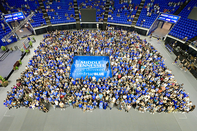 This overhead photo shows the new freshman and transfer students who attended the 2022 University Convocation Aug. 21 at MTSU's Murphy Center.