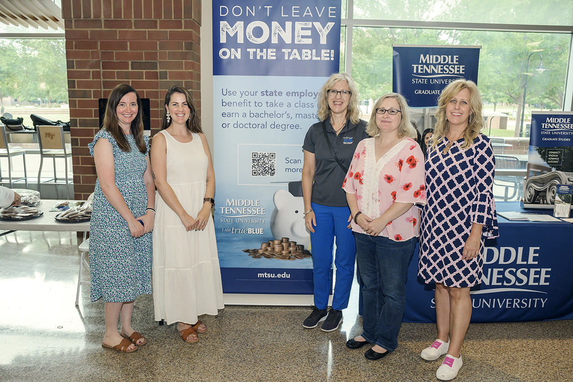 MTSU Marketing and Communications staff DeAnn Hays, left, Holly Vaughn, Denise Gonzalez, Teena Young and Betsy Allgood visit during the recent event to promote the state benefit for employees to take up to four classes in a calendar year at the Student Union Building first-floor atrium. A number of employees attended the session to gain more information and ask questions about the opportunity. (MTSU photo by Andy Heidt)