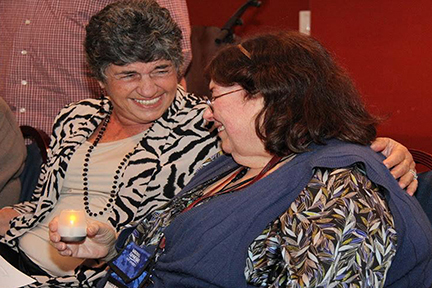 The late Dr. Nancy Rupprecht, a professor of history and driving force behind Holocaust Studies at MTSU for many years, shares a light-hearted moment with Sonja Dubois, who survived the Holocaust as a child, at the 2015 Holocaust Studies Conference at MTSU. Dubois is scheduled to attend the 2022 conference Sept. 22-23.
