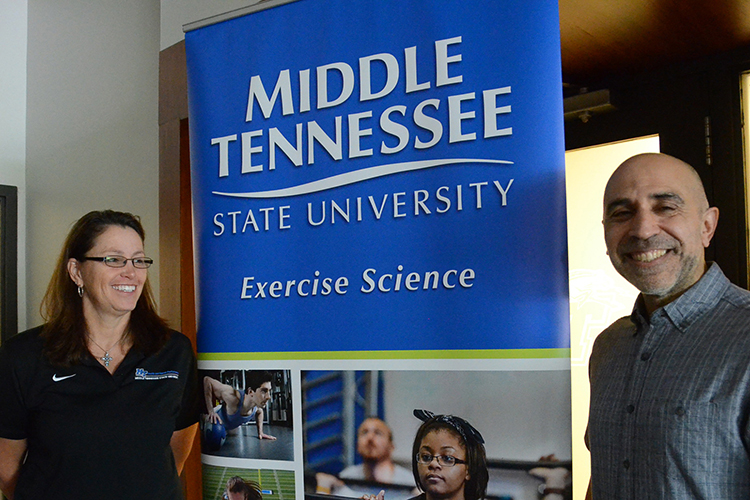 Dr. Rawsam Alasmar, right, MTSU alumnus and post-doctoral fellow at the Peabody Institute of Johns Hopkins University, and Dr. Sonya Sanderson, chair of MTSU's Department of Health and Human Performance, share smiles during Alasmar's May 2022 visit to campus.