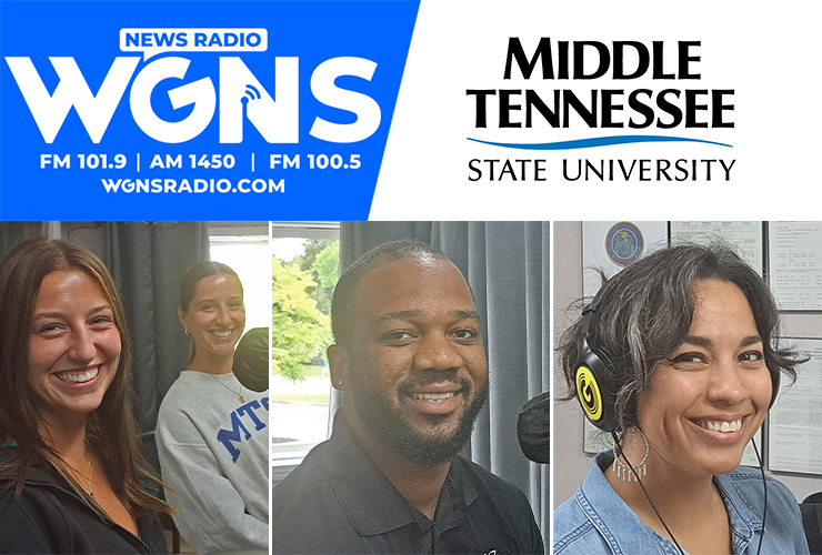 MTSU students and staff appeared on WGNS Radio’s Aug. 15 “Action Line” program with host Scott Walker. Guests included, from left in order of appearance, MTSU seniors Ashley and Kayla Gates; Tony Strode, associate director of undergraduate admissions; and Kristen Janson, assistant director for the MTSU Alumni Relations Office. (MTSU photo illustration by Jimmy Hart)