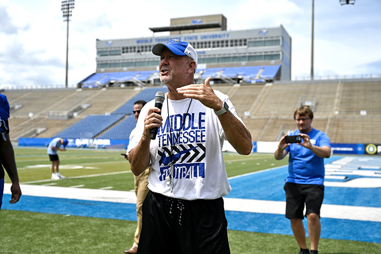 MTSU head football coach Rick Stockstill thanks the students for attending the recent unfurling of the Blue Zoo banner inside Floyd Stadium and encourages them to support all the university athletic teams this season. (MTSU photo by J. Intintoli)