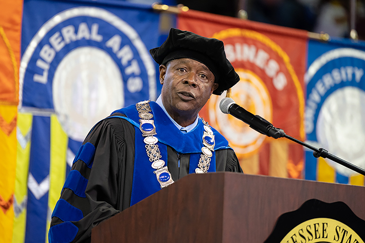 MTSU President Sidney A. McPhee tells the August 2022 graduating class that they "represent a bright future for our great state" Saturday, Aug. 6, at the university's summer commencement ceremony inside Murphy Center. MTSU presented 857 degrees to undergrad and graduate students during the event, which concludes the university's 111th academic year. (MTSU photo by James Cessna)