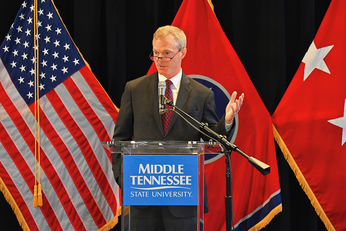 Greg Mays, director of Homeland Security at the Tennessee Department of Safety, speaks to an MTSU audience attending the eighth annual 9/11 Remembrance at MTSU in the Tom H. Jackson Building’s Cantrell Hall Sunday, Sept. 11. It marked the 21st anniversary of the terrorist attacks on the U.S. by the extremist group al-Qaida. At the time, Mays was part of then-Vice President Dick Cheney’s Secret Service detail. (MTSU photo by Cat Curtis Murphy)
