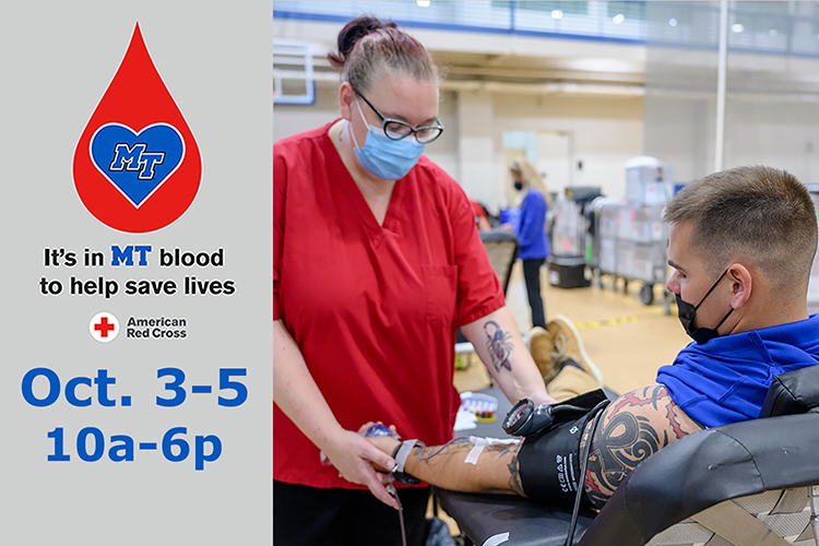 American Red Cross phlebotomist Holly Fish, left, checks Capt. Dakota Eldridge's blood pressure while he donates blood collection unit in November 2021 on the first day of MTSU's annual three-day 
