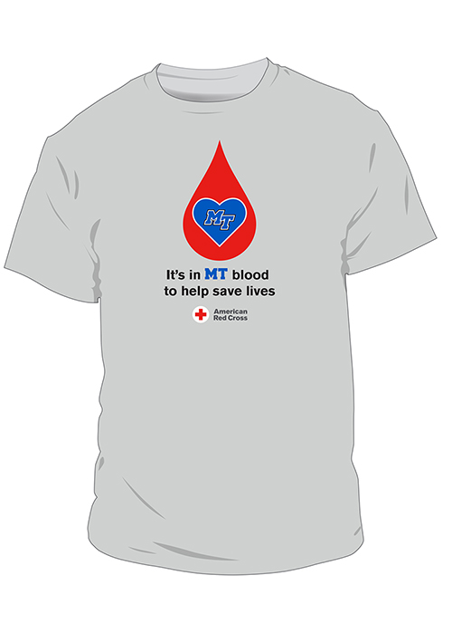 This custom T-shirt, designed by MTSU Leisure, Sport and Tourism Management Program graduate student Elizabeth Hatfield for MTSU Campus Recreation, is one of the gifts that donors at the Oct. 3-5 "Bleed Blue, Beat WKU" blood drive will receive for their help. MTSU and Western Kentucky University are renewing their blood-drive rivalry this fall after a two-year hiatus; the winner will be announced Oct. 15.