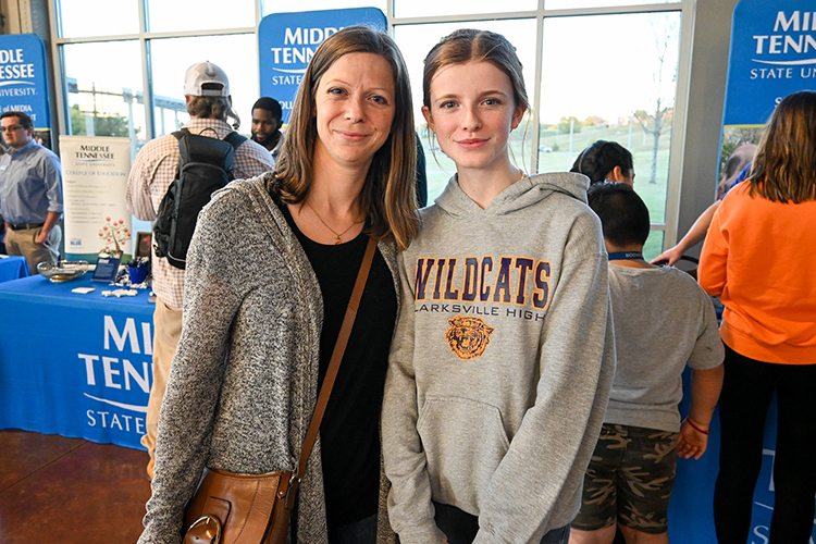Prospective Middle Tennessee State University student Abigail Boepple, right, attends the MTSU True Blue Tour event on Wednesday, Sept. 28, 2022, with her mother, Rebecca Boepple, to learn more about the university’s teacher training program at the Wilma Rudolph Event Center in Clarksville, Tennessee. (MTSU photo by Stephanie Wagner)