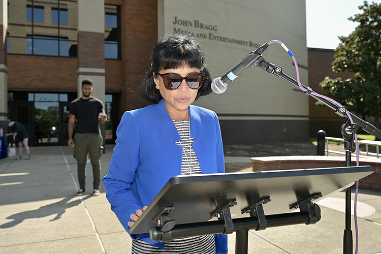 MTSU School of Journalism professor Zeny Sarabia-Panol, who also serves as associate dean of the university's College of Media and Entertainment, reads a portion of the U.S. Constitution aloud as other volunteer readers wait their turn Sept. 14 in front of the Bragg Media and Entertainment Building as part of MTSU's annual Constitution Week observance. The MTSU chapter of the American Democracy Project organized three days of public readings of the Constitution across campus to mark the 235th anniversary of the Sept. 17 signing of the document and sponsored a special Sept. 19 workshop, “Grassroots Organizing and Movement Building Are in Tennessee’s DNA: Highlander Comes to MTSU" with the Rev. Allyn Maxfield-Steele, co-executive director of the historic Highlander Research and Education Center in East Tennessee. (MTSU photo by Andy Heidt)