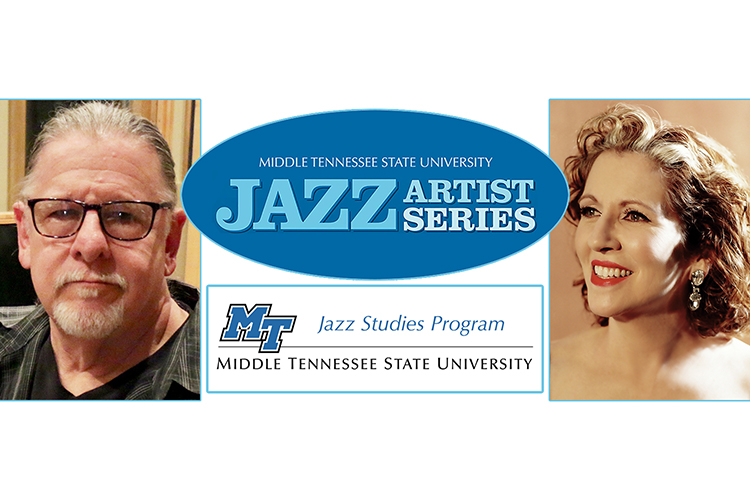 New MTSU School of Music jazz faculty pianist Pat Coil, left, and vocalist Julia Rich are shown with the MTSU Jazz Artist Series and Jazz Studies Program logos in this promotional graphic for their Thursday, Sept. 29, concert with five other university jazz faculty members.