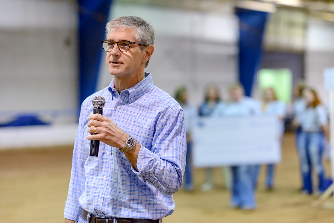 MTSU College of Basic and Applied Sciences Dean Greg Van Patten welcomes high school students attending the School of Agriculture Raider Roundup, hosted by the Collegiate FFA and sponsored by MT Engage, last fall in the Tennessee Livestock Center’s main arena. In addition to meetings, making critical business decisions and more, he often provides welcome remarks to groups at special events. At the Raider Roundup, he told them that if they were considering college, “there’s no better place to do it than right here at MTSU” and consider agriculture, Data Science, Math, Concrete and Construction Management and STEM careers, where “you can make a great living at it, and you can have a big, positive impact on the world around you doing it.” (MTSU file photo by J. Intintoli)