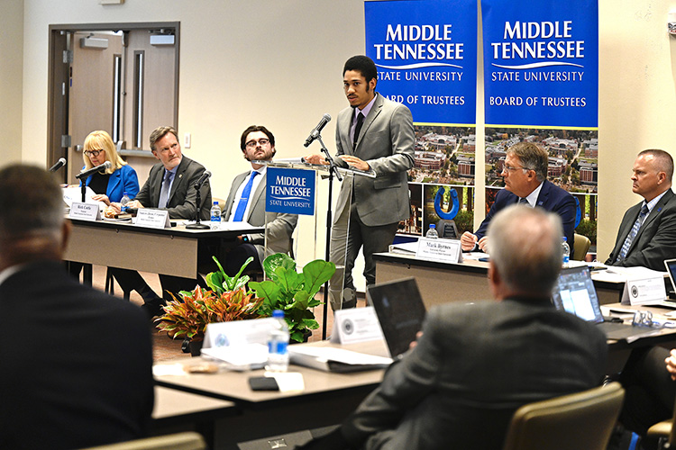 MTSU student Braxton Coleman speaks during the Sept. 13 Board of Trustees meeting held at the Miller Education Center on Bell Street. (MTSU photo by J. Intintoli)