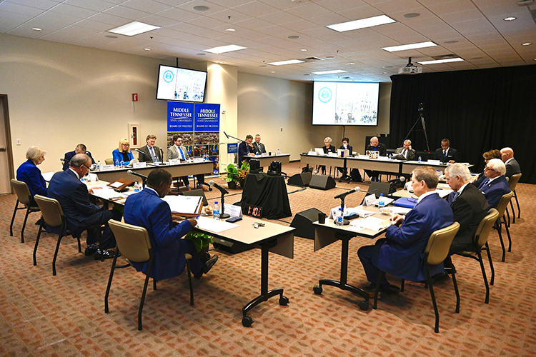 The MTSU Board of Trustees goes through its agenda during the Sept. 13 trustees meeting held at the Miller Education Center on Bell Street. (MTSU photo by J. Intintoli)