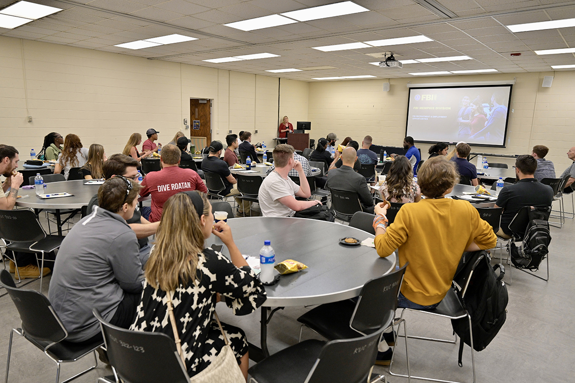 More than 60 MTSU students and student veterans learn about FBI job opportunities from Special Agent/recruiter Trisha Brotan Thursday, Sept. 8, in a Keathley University Center classroom. The event was coordinated by the Charlie and Hazel Daniels Veterans and Military Family Center. (MTSU photo by Andy Heidt)