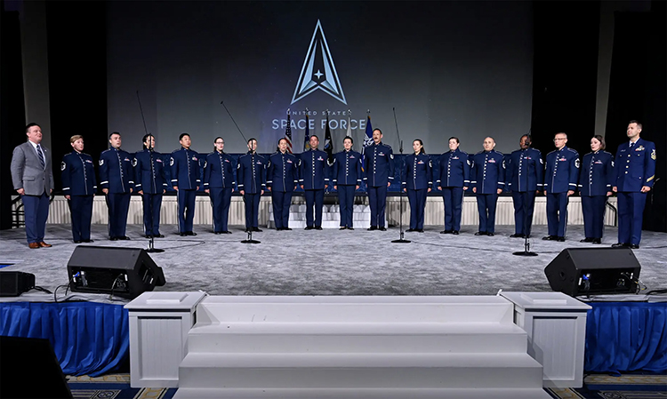 Members of the United States Air Force Band singing “Semper Supra,” the new U.S. Space Force service song, in National Harbor, Md., on Tuesday, Sept. 20. (U.S. Air Force photo)