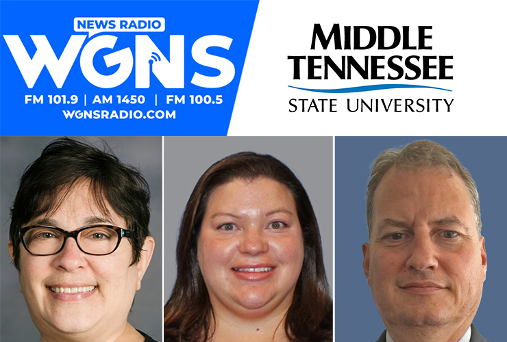 MTSU faculty appeared on WGNS Radio’s Aug. 15 “Action Line” program with host Scott Walker. Guests included, from left in order of appearance, Dr. Elyce Helford, professor of English; Dr. Alisa Hass, assistant professor of the Department of Geosciences; and Jarret “Jerry” Decker, the new Jacobs Chair of Excellence in Accounting and Professor of Practice. (MTSU photo illustration by Jimmy Hart)