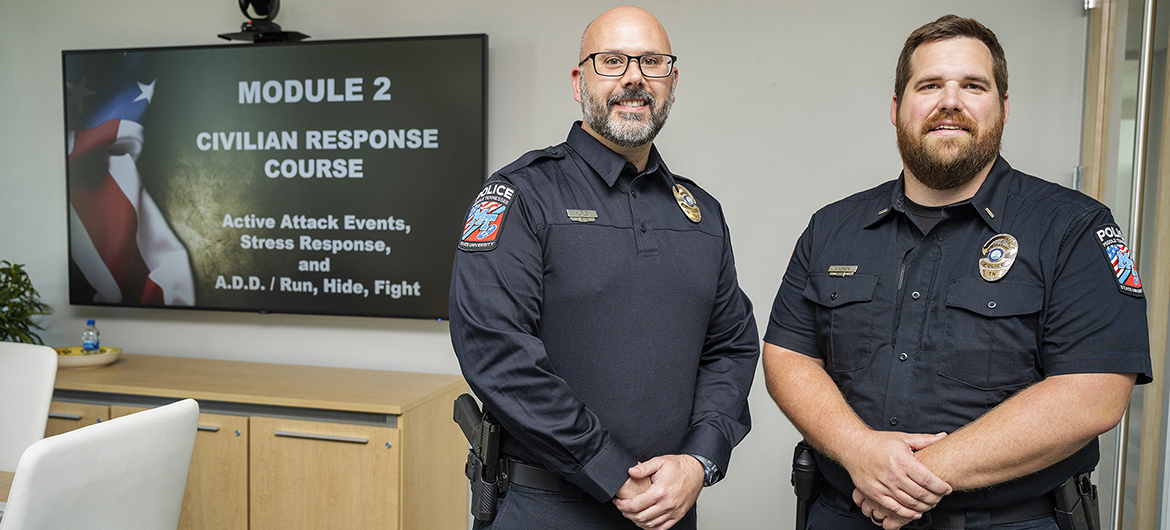 Sgt. Jason Hurley, left, and Lt. Jacob Wagner of the Middle Tennessee State University Police Department prepare to teach a civilian active shooter training course to a selection of university advisors at the Academic Classroom Building on campus on Sept. 15, 2022. (MTSU photo by Andy Heidt)